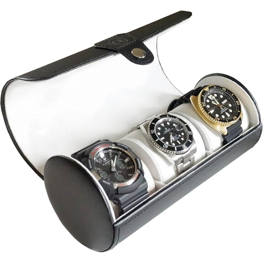Stylish Watch Organizer Roll Black Vegan Leather Men